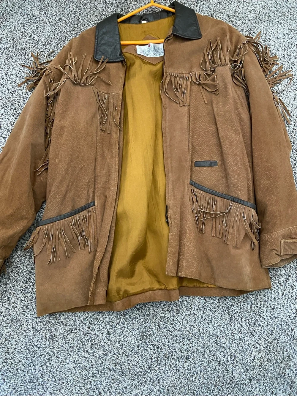 Vintage Brown Suede Fringe Jacket with Black Trim - Classic Western Style.